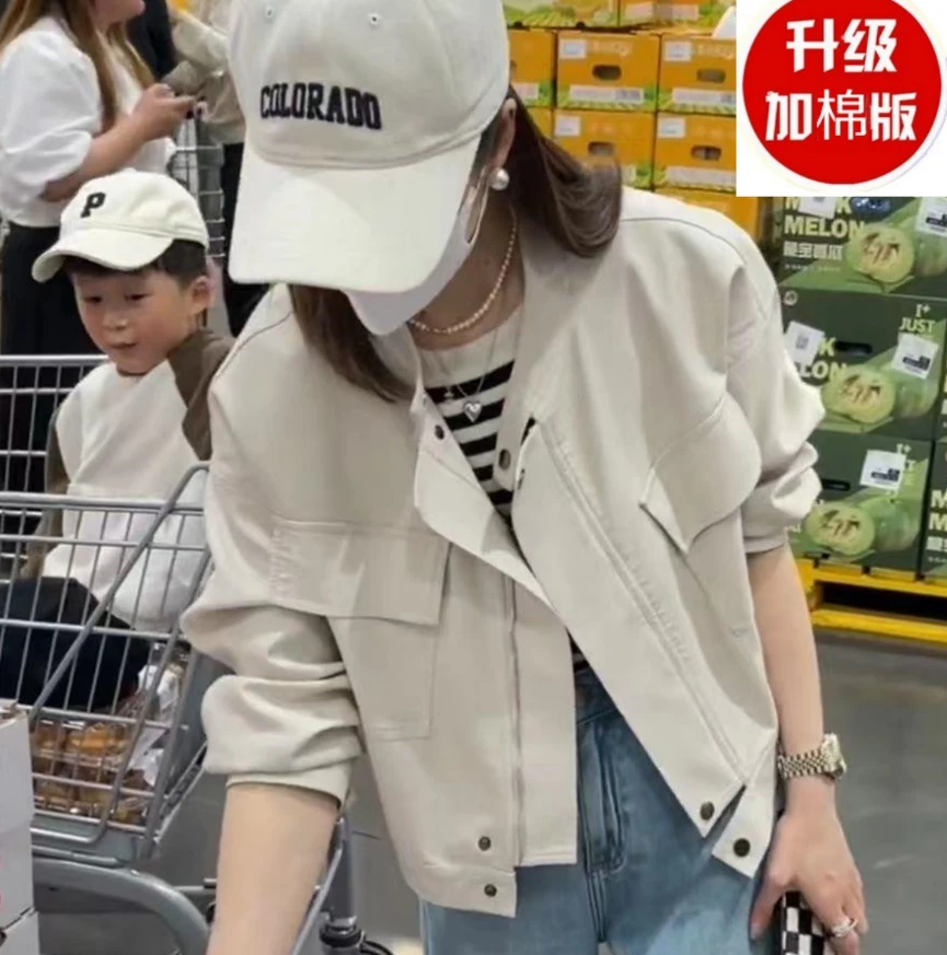 加棉加厚秋冬新款小众短款皮衣女2024春秋新款工装立领PU显瘦机车