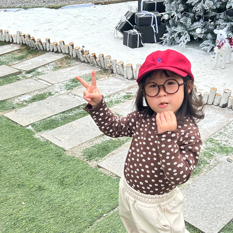 22018【花花满印】秋新款儿童花边领打底衫花朵时尚长袖女童上衣