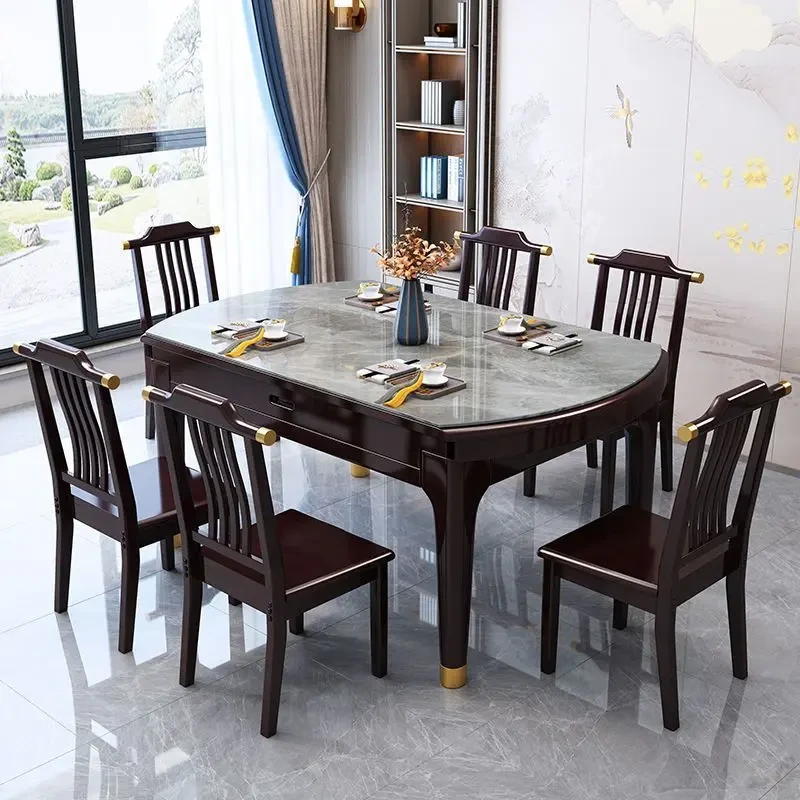 新中式实木岩板餐桌折叠伸缩餐厅桌子方圆两用客厅餐桌椅组合