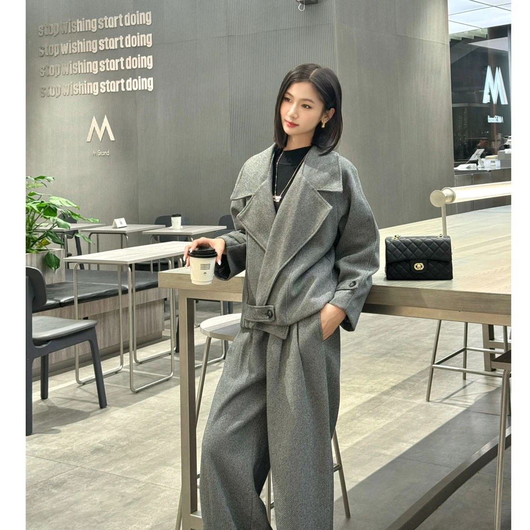 2024新款秋冬时尚洋气炸街气质女装毛呢外套+阔腿裤两件套装10038