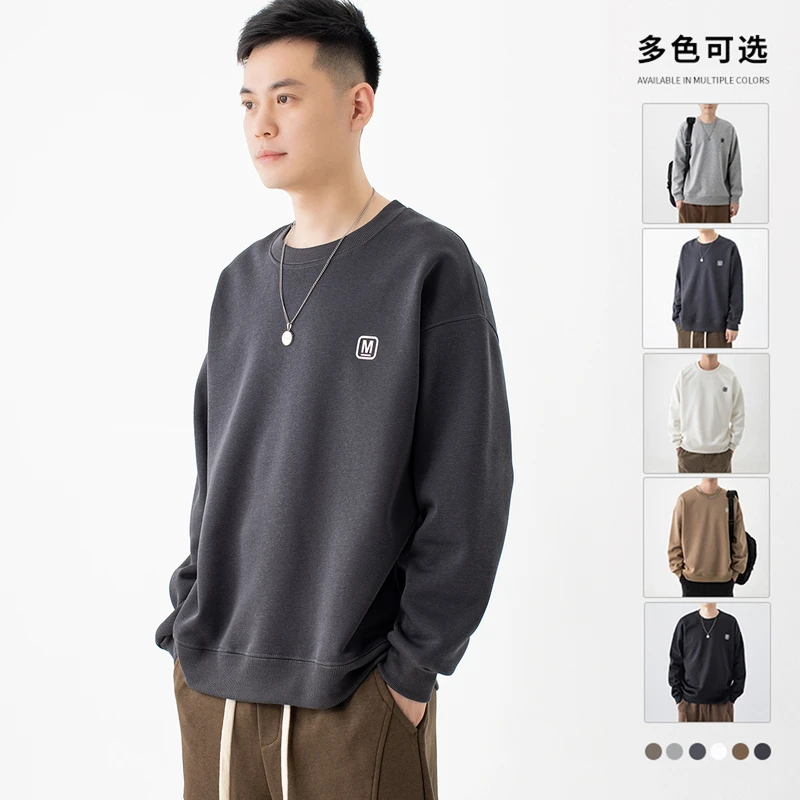 春秋华棉新款M款贴布国潮情侣圆领百搭纯色长袖男士套头卫衣