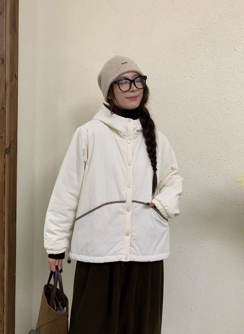 彩云2024气质连帽夹棉外套女装秋冬新款韩版薄棉上衣宽松复古休闲