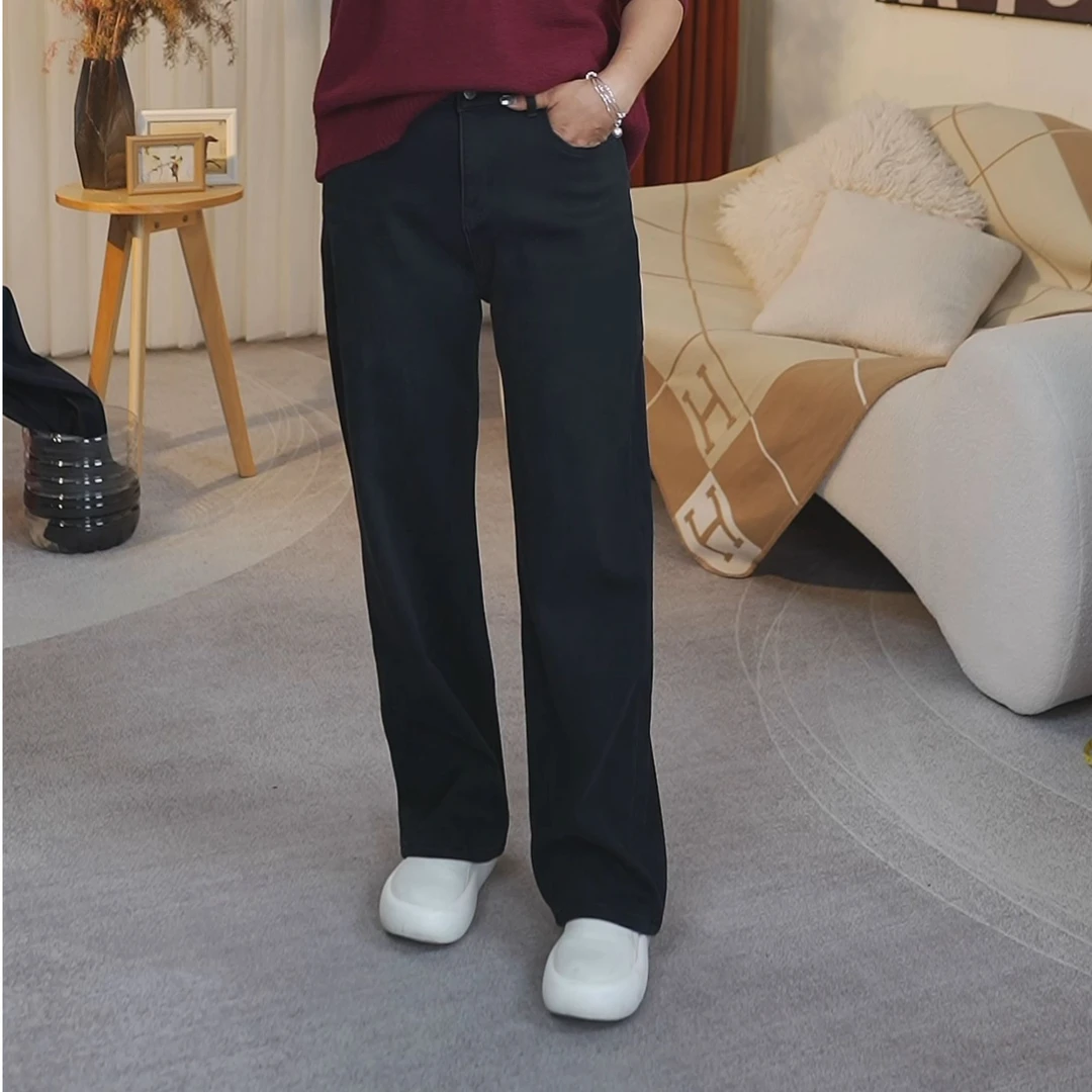 30001秋冬加绒保暖抗寒百搭黑牛直筒牛仔高腰显瘦弹力烟管窄版裤