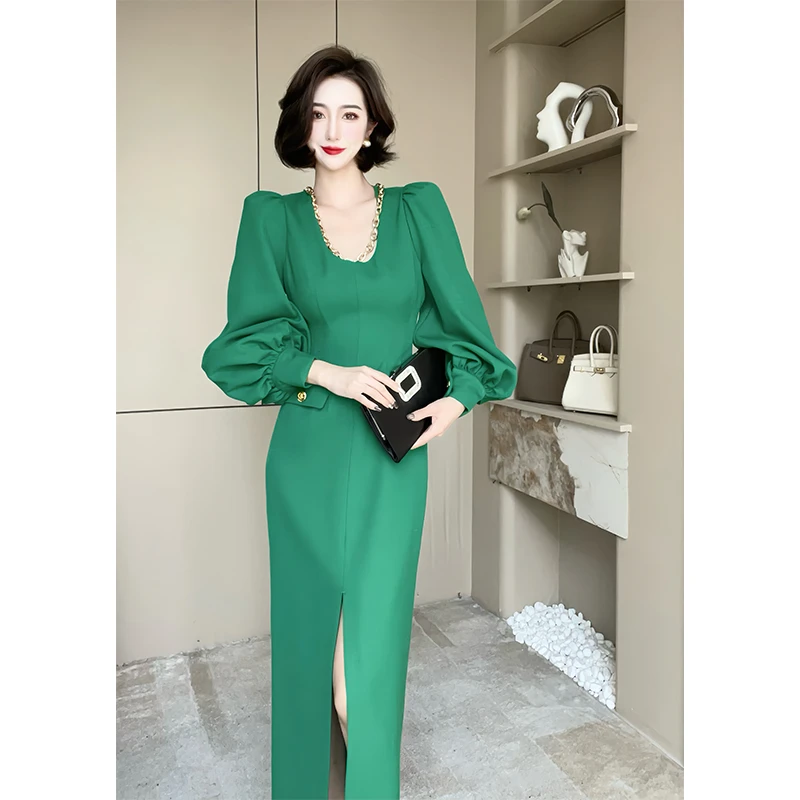 格娜法式名媛气质礼服连衣裙春夏女神范收腰显瘦宴会时尚绿色裙子