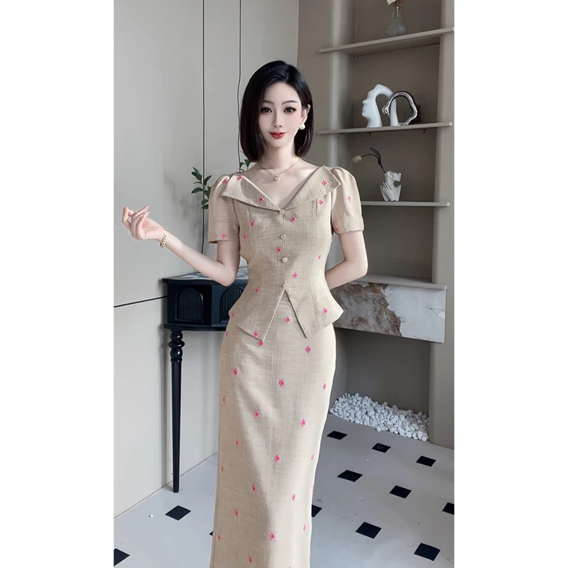 时尚设计师款高级感立体绣花气质显瘦女装套装夏季修身半身裙