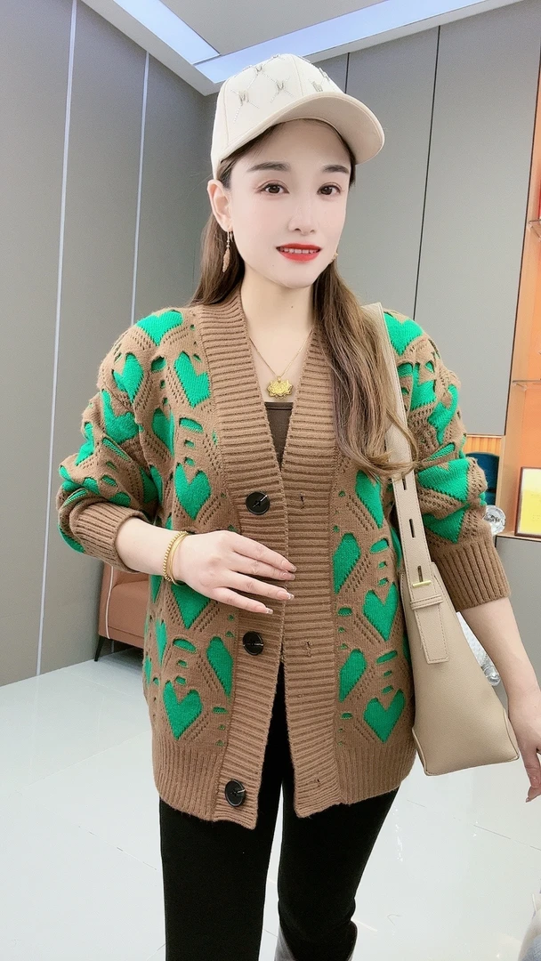 春秋新款加厚针织大码慵懒风毛衣外套爱心女针织提花开衫外套外搭