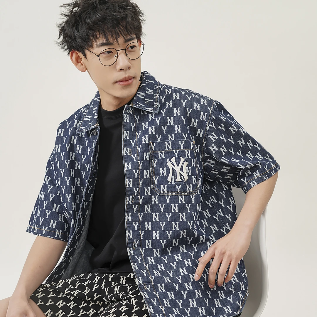 MLB 经典Logo满印老花宽松单排扣短袖牛仔衬衫 男女同款 蓝色