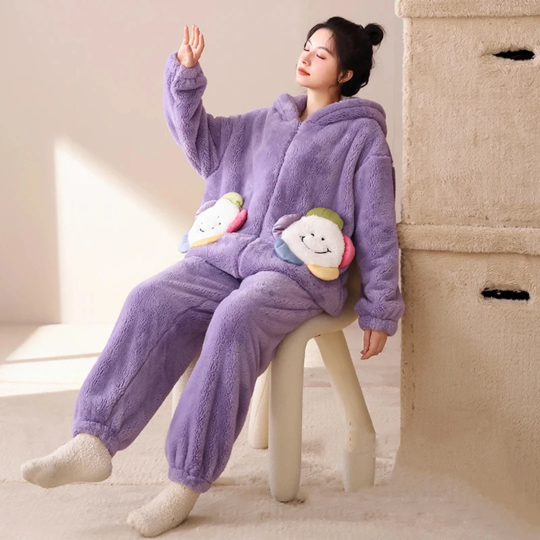 板栗小姐-【太阳花】冬季睡衣加绒加厚女款卡通连帽长袖套装家居服