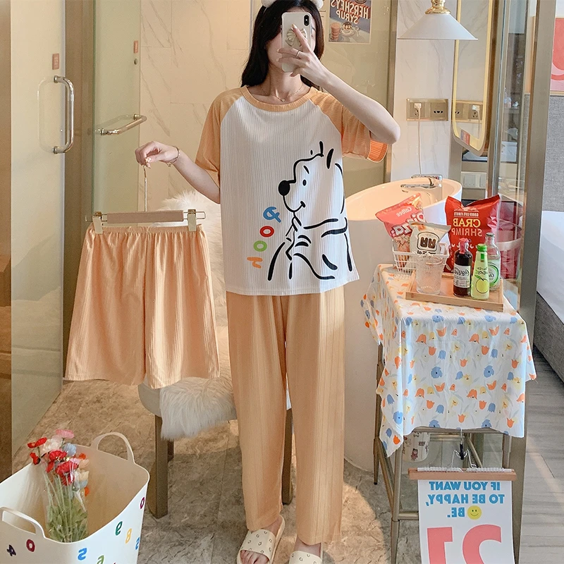 夏天睡衣女短袖长裤三件套装网红可爱甜美新款夏季休闲家居服1009