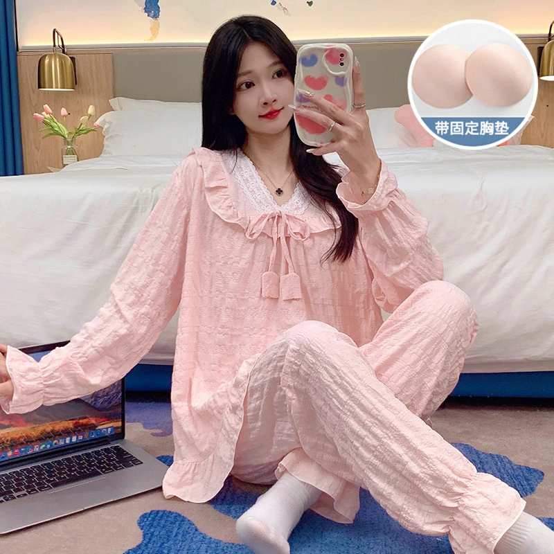 带胸垫睡衣女春秋季长袖长裤云朵绵甜美公主风可外穿家居服套装