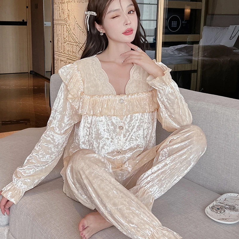 秋冬钻石绒睡衣女士轻奢宫廷风长袖荷叶边金丝绒纯色家居服套装88