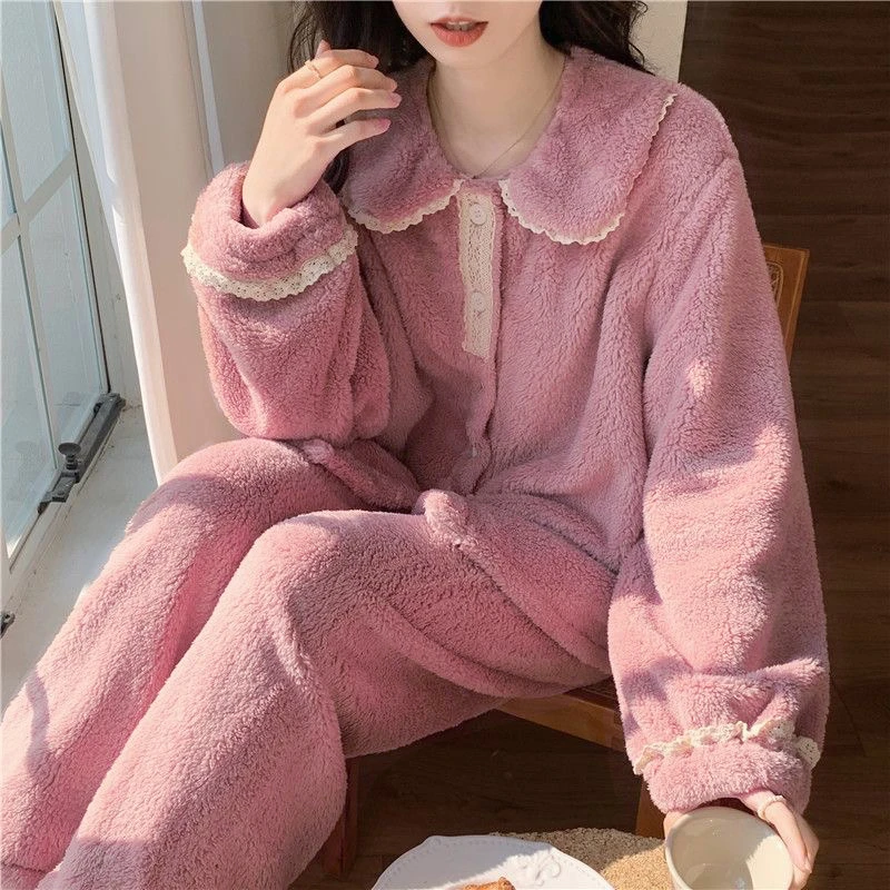 ins风珊瑚绒睡衣女秋冬季套装加厚加绒甜美宿舍法兰绒冬季家居服