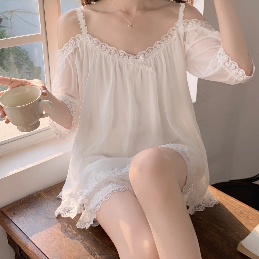 公主风一字肩网纱睡衣套装夏季薄款网红女士纯欲宫廷风气质家居服