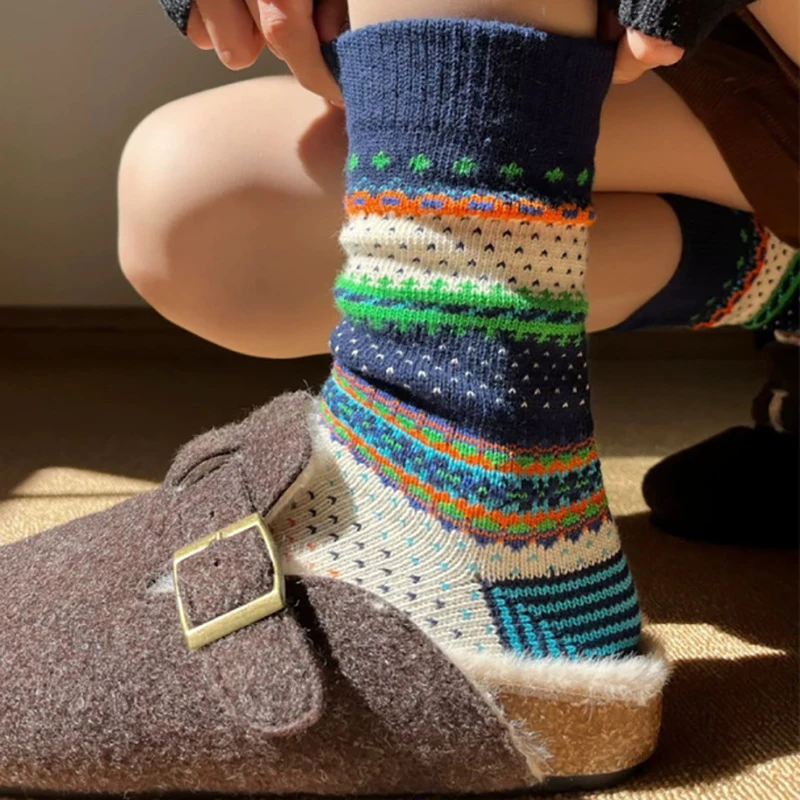 复古费尔岛风粗线女袜秋冬美式加厚保暖长袜中腰袜个性百搭棉袜子