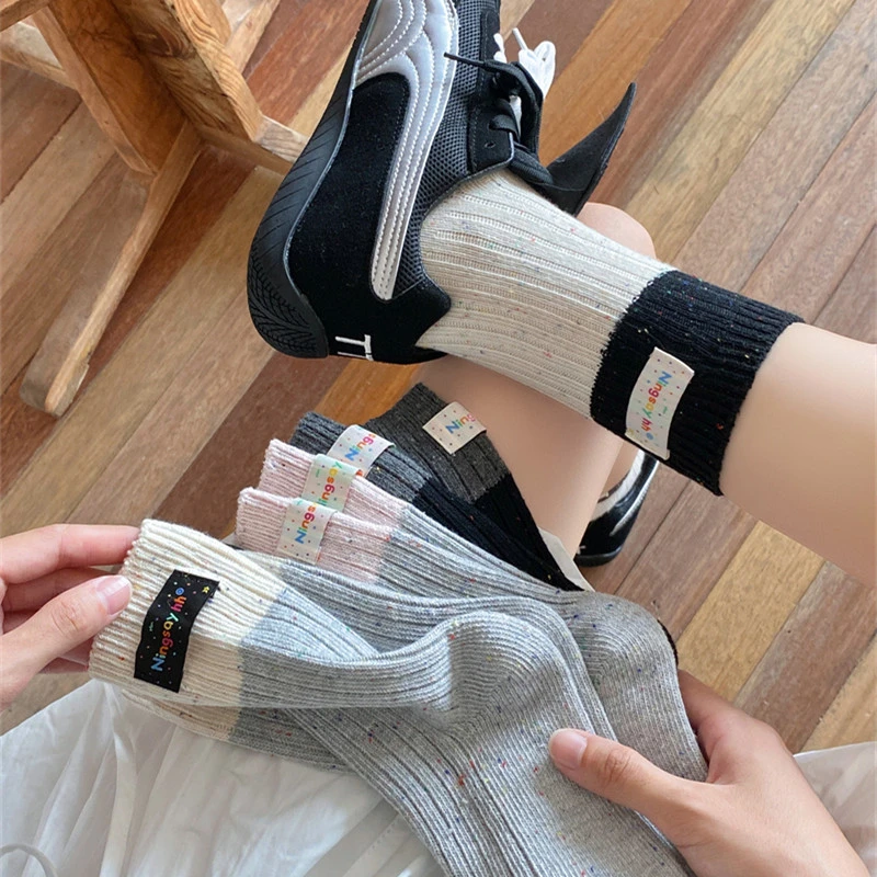 韩版潮酷拼色女袜24050 春秋粗针堆堆袜女点子纱棉质中筒运动袜子