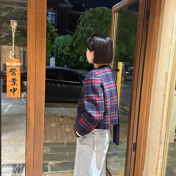 《超短连围巾格子》潮流通勤设计系带时尚双面呢大衣