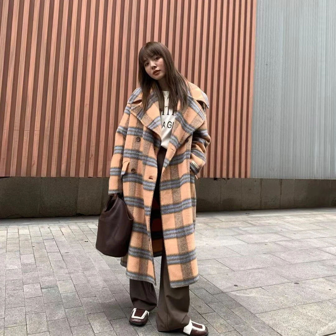 《大领大格》秋冬女士韩版时尚格纹宽松百搭双面羊毛大衣外套
