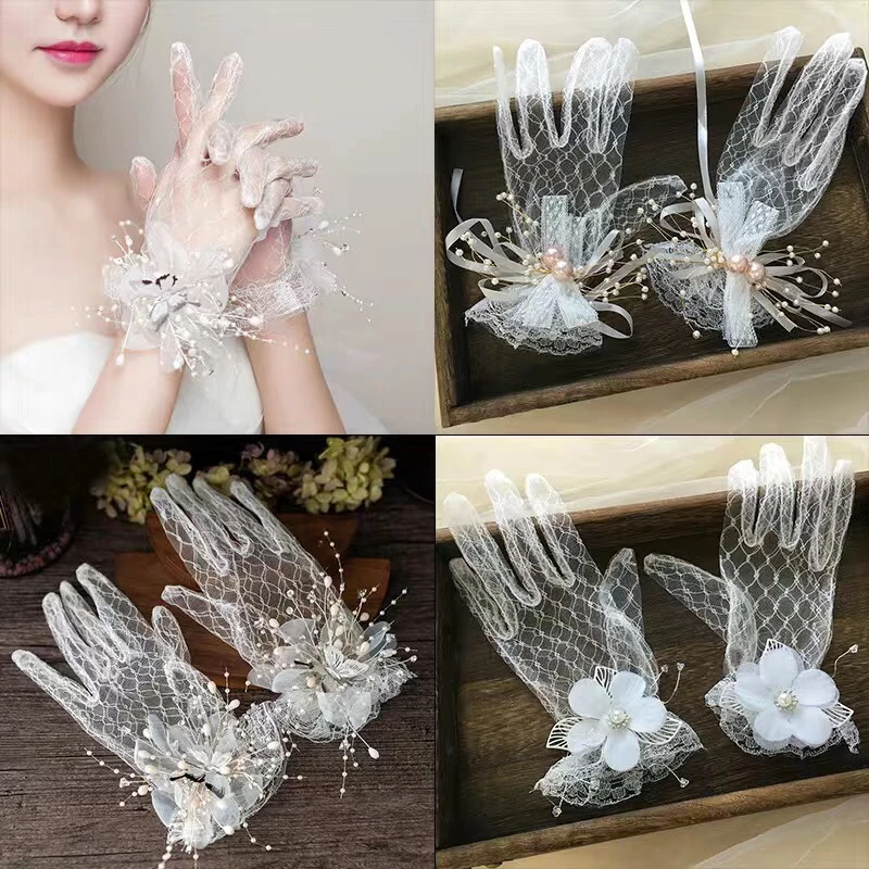 新娘手套结婚蕾丝仙美花朵白色女薄款春夏拍照韩式婚纱手套舒影