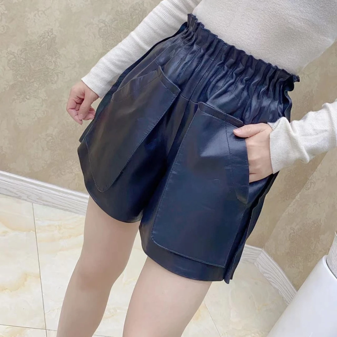 【纯皮短裤】黑色女士松紧腰休闲时尚短裤