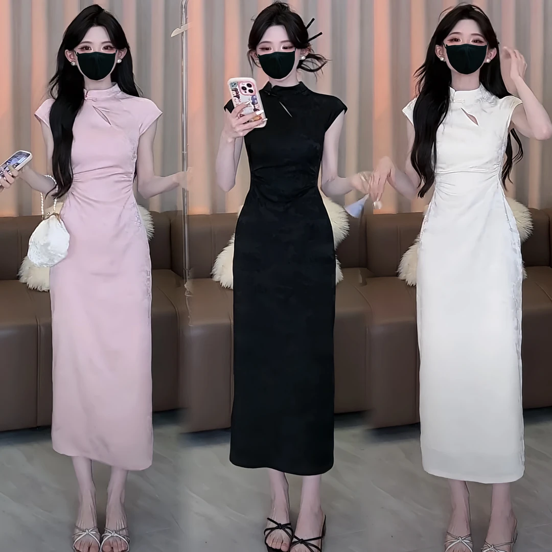2024夏季新中式旗袍复古长款收腰显瘦设计感名媛连衣裙修身显瘦