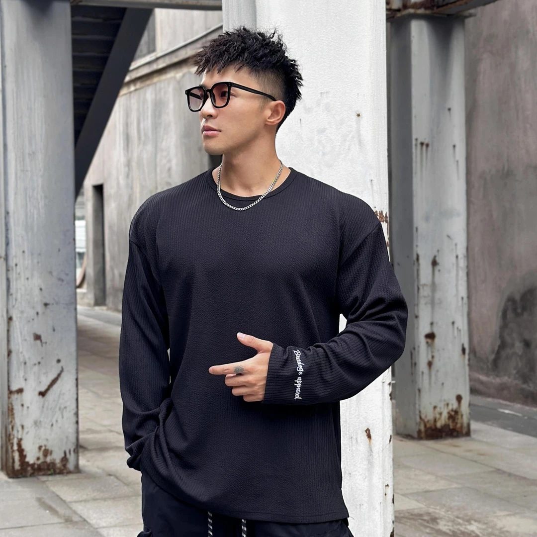 秋季美式纯色肌理条纹抗皱运动卫衣男大码宽松落肩长袖健身训练服