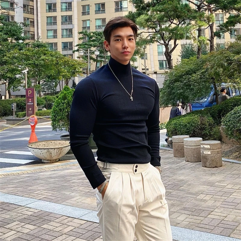 秋冬半高领德绒男士T恤健身运动时尚修身纯色长袖百搭保暖打底衫