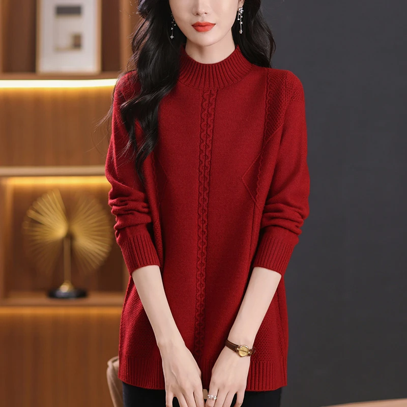 半高领打底衫女士秋冬洋气时尚红色毛衣大码宽松显瘦中长款针织衫