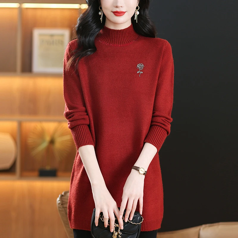 红色毛衣秋冬大码女装洋气时髦打底衫女士宽松显瘦半高领针织上衣
