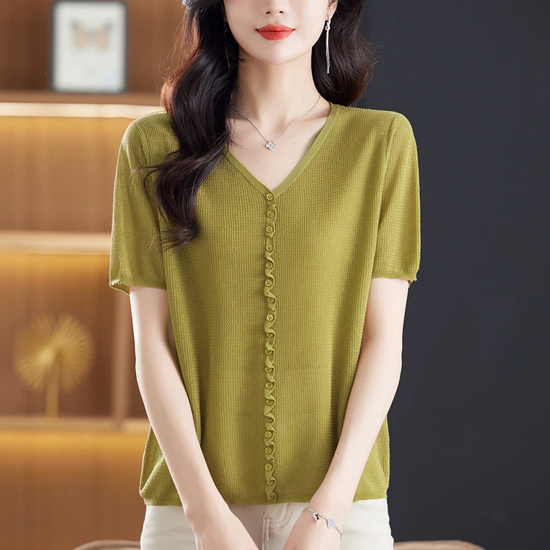 大码冰丝短袖T恤女胖mm夏装2024新款宽松遮肉显瘦洋气薄款V领上衣