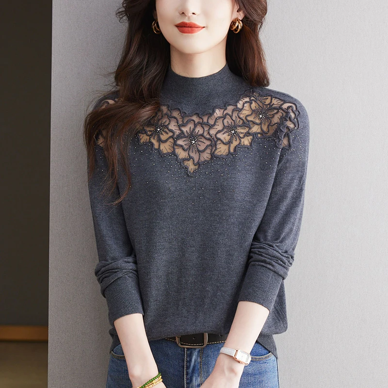 蕾丝打底衫女士春秋洋气时尚针织上衣宽松显瘦秋冬内搭半高领毛衣