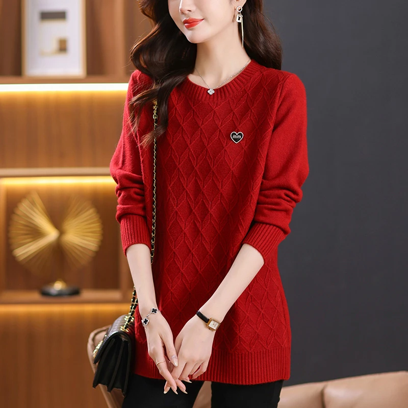 胖mm秋冬大码洋气减龄红色毛衣女宽松遮肚显瘦中长款打底衫200斤