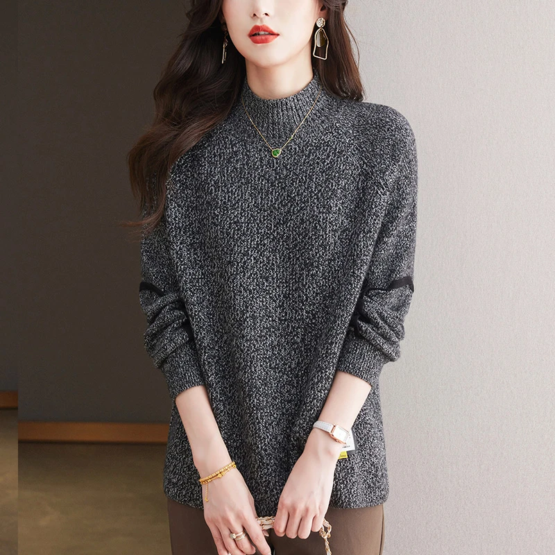 秋冬大码洋气针织衫女士宽松显瘦中长款毛衣内搭加厚半高领打底衫