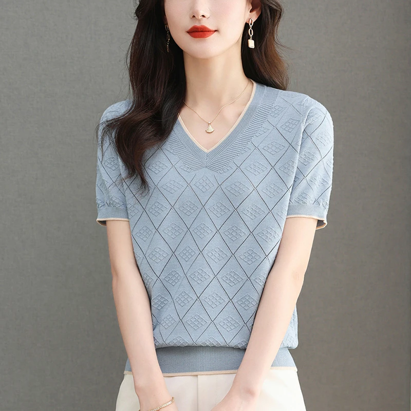 大码冰丝针织衫女夏季薄款宽松遮肚子短袖T恤洋气V领微胖显瘦上衣