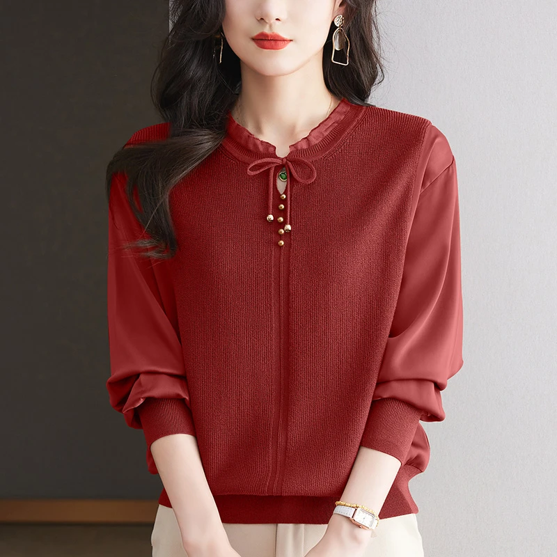春秋大码洋气拼接假两件上衣女宽松遮肉显瘦时尚设计感针织打底衫