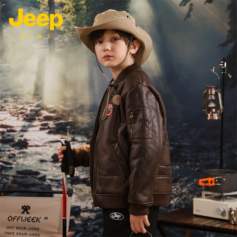 Jeep童装男童加绒皮夹克2025秋冬款机车复古防风保暖儿童皮衣外套