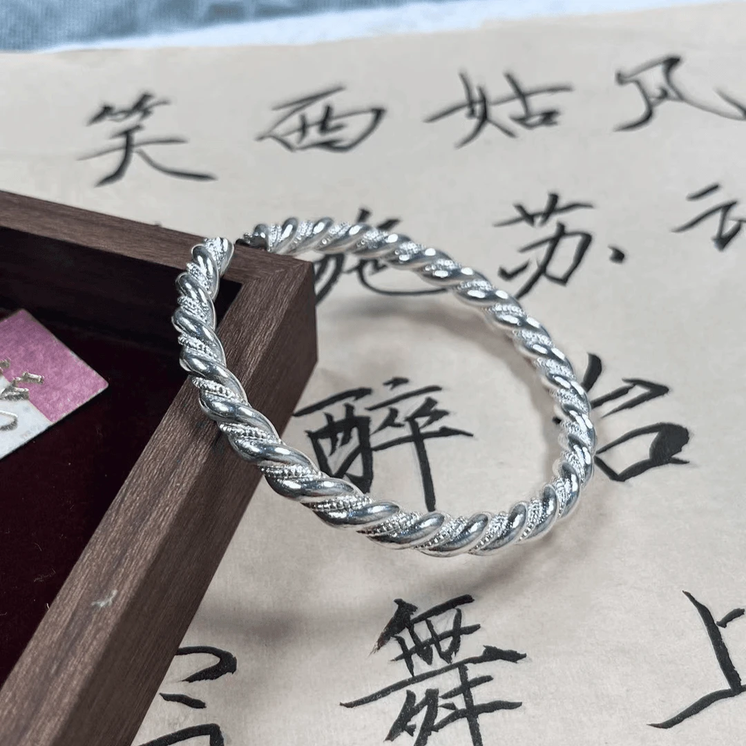 足银手镯 足银999麻绳开口手镯023时尚可调节百搭
