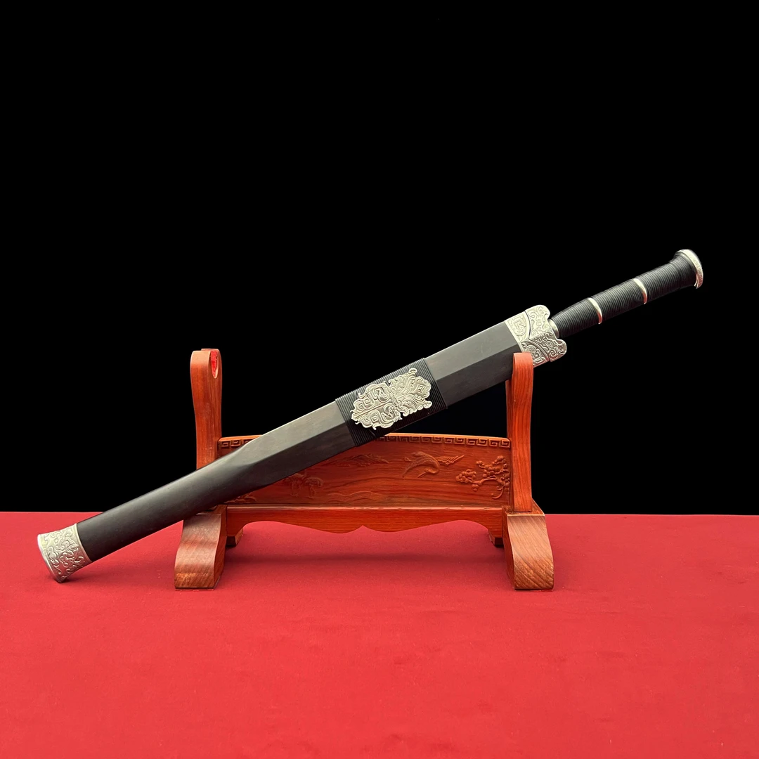 龙泉沈广隆-短款百胜汉剑 双槽 黑檀木 花纹钢 手工 宝剑 未开刃