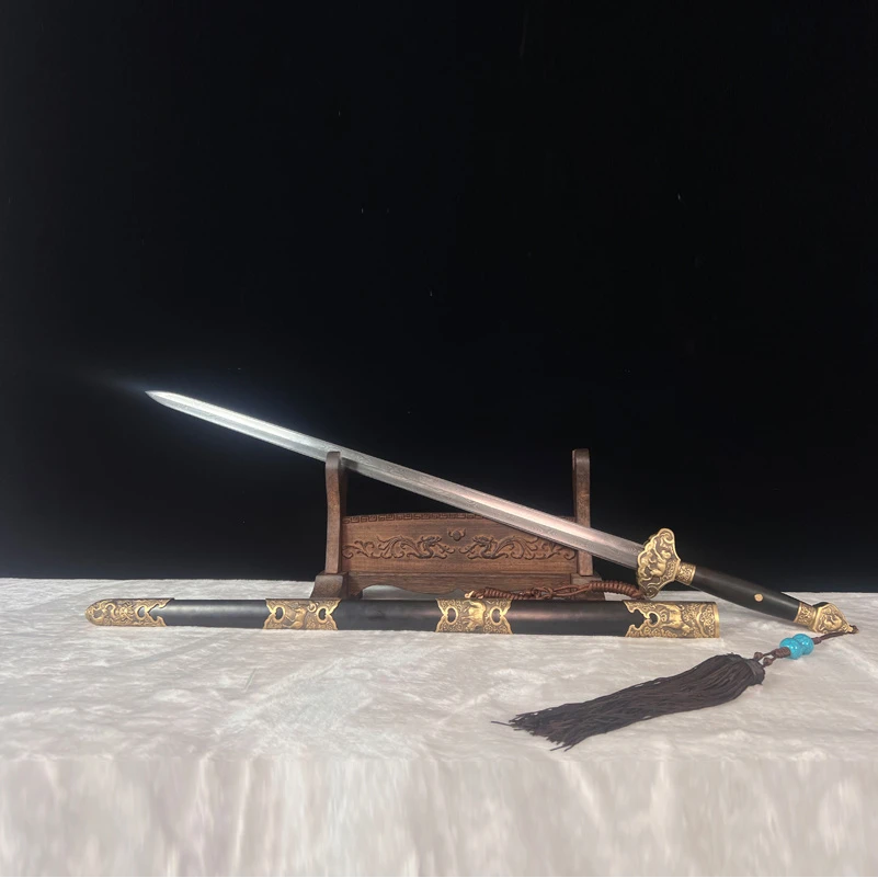 龙泉沈广隆-肖辰战剑 黑檀木 黄铜 花纹钢 手工锻打 未开刃
