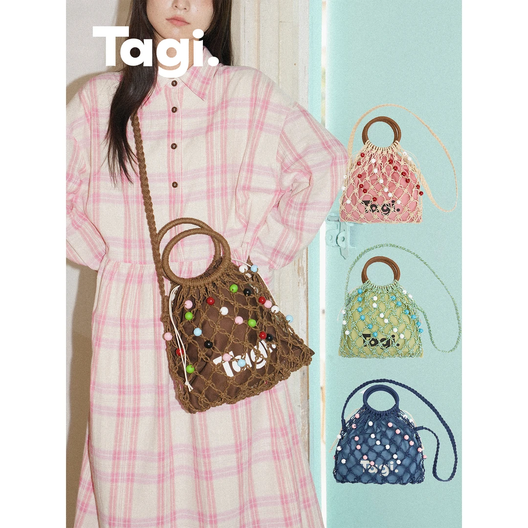 Tagi.圈圈果子编织手工串木珠抽绳束口帆布 手提单肩编织包便携