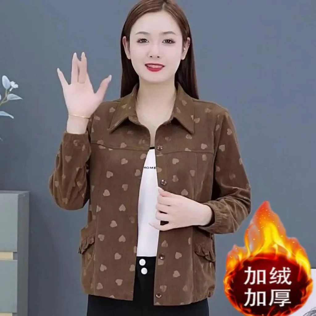 高档灯芯绒加绒外套装冬季新款洋气妈妈装遮肚显瘦矮个子百搭上衣