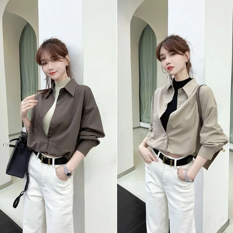 2025年秋季百搭格调美拉德设计感假两件衬衫设计感长袖显瘦衬衣女