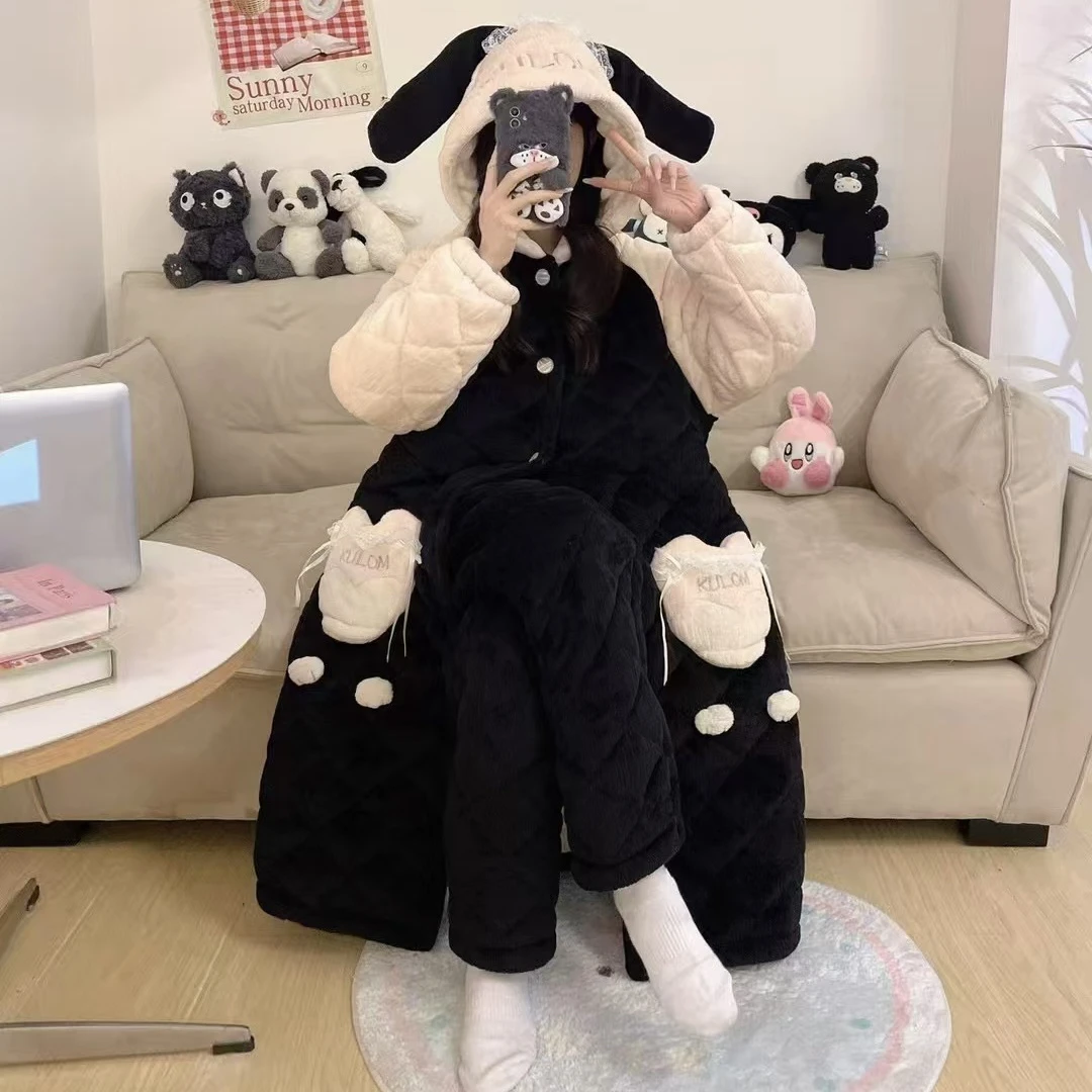 秋冬季加厚保暖女士卡通睡袍长款家居服