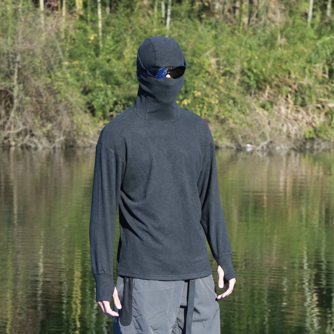 冬季户外路亚钓鱼保暖德绒打底卫衣男忍者连帽弹力T恤冲锋衣内搭