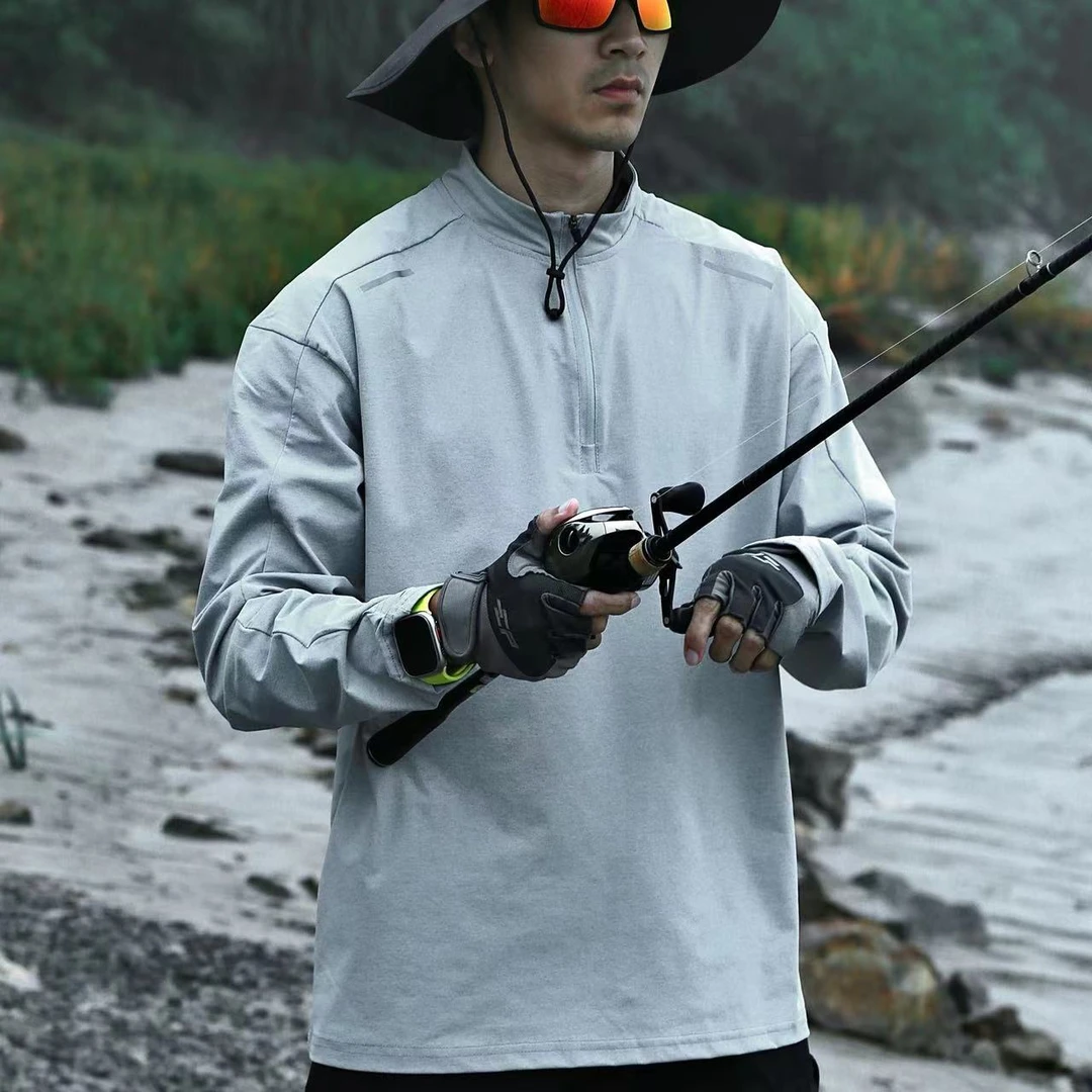 春季户外钓鱼轻薄运动休闲长袖T恤弹力抗皱骑行登山钓鱼上衣男款