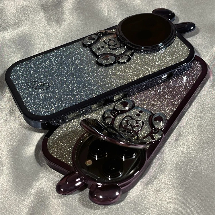 电镀闪粉兔子护镜头支架iPhone14promax苹果13手机壳新款12高级11