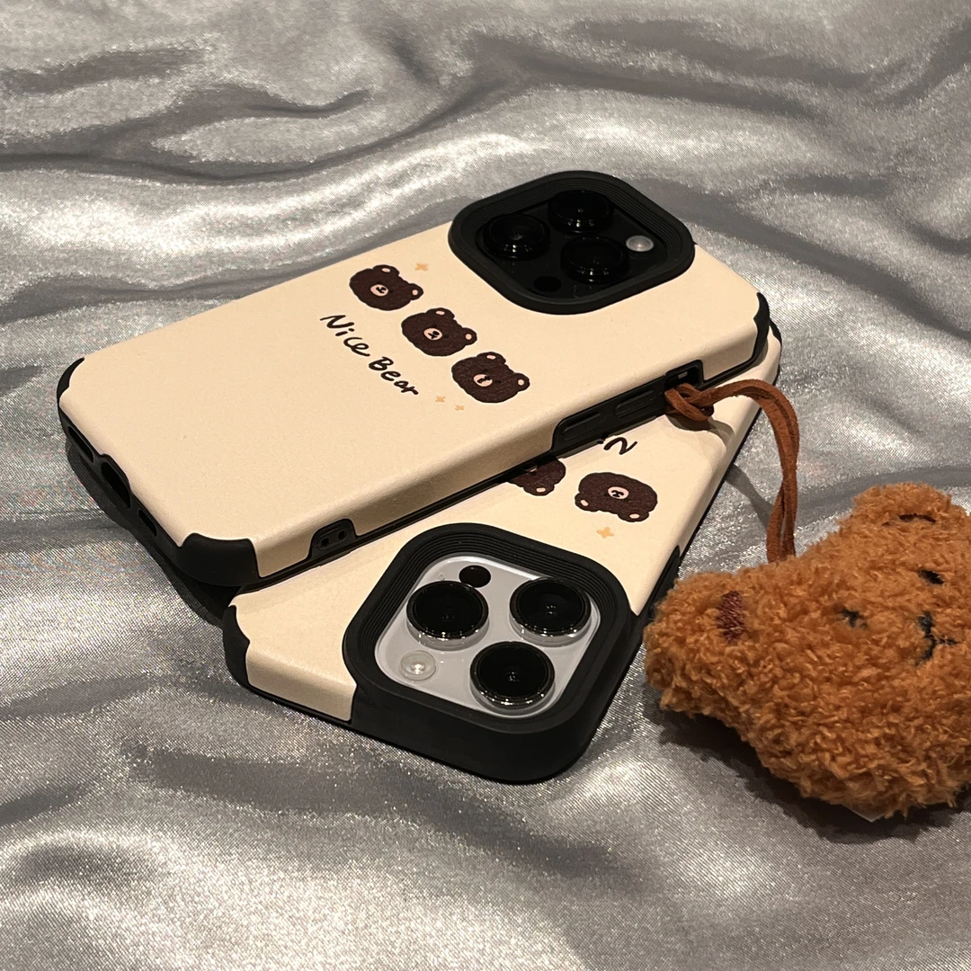 皮质卡通可爱毛绒小熊吊坠iPhone15/14Promax手机壳苹果13/12软11
