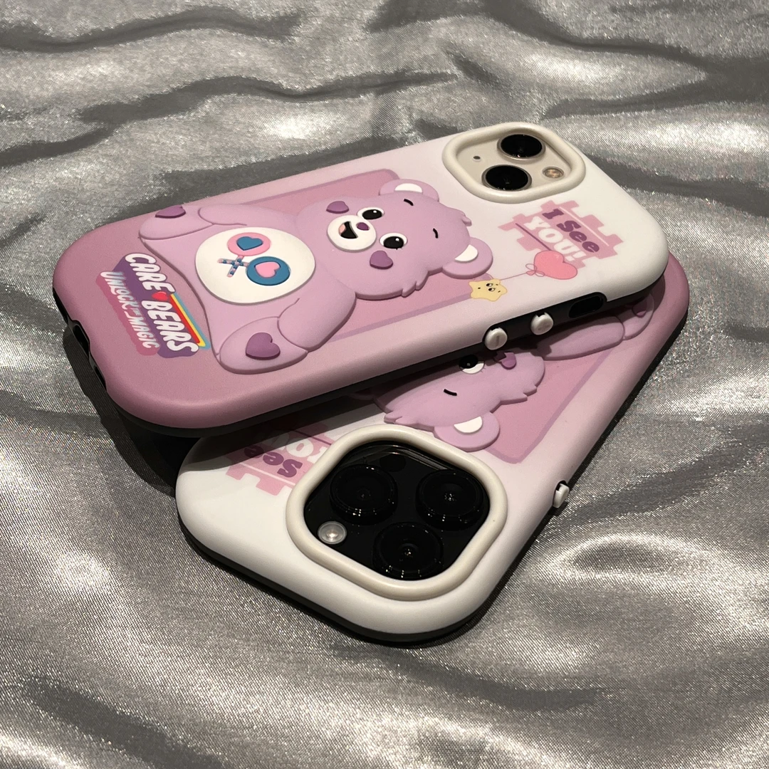 紫色立体小熊iPhone15手机壳适用苹果13/14promax少女心12/11软壳