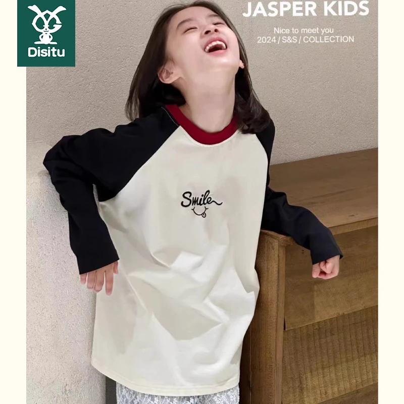 迪斯兔女童小女孩撞色长袖t恤秋冬中大童插肩中长款打底衫纯棉
