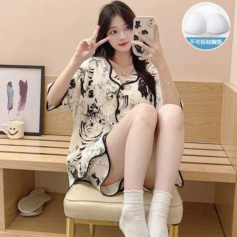 自带胸垫一体睡衣女夏季2025新款开衫短袖短裤卡通猫咪家居服套装