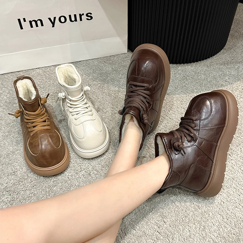 系带卡皮巴拉厚底皮面雪地靴女2024冬季新款加绒保暖软底棉鞋